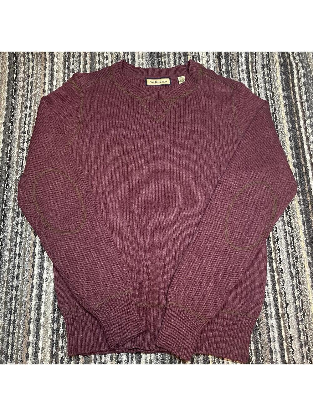 GH BASS & CO MEN'S PULLOVER ELBOW PAD CREW NECK SWEATER COTTON BLEND (Maroon, S)